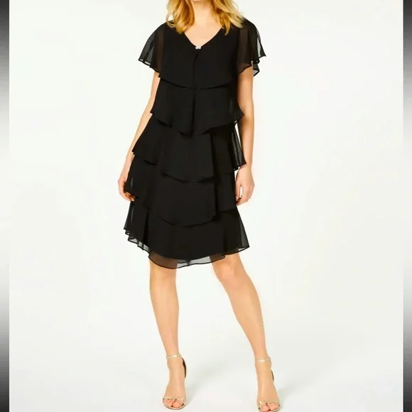 Womens Formal Dress SLNY Black Tier Short Sheer Caped overlay Flow Gown